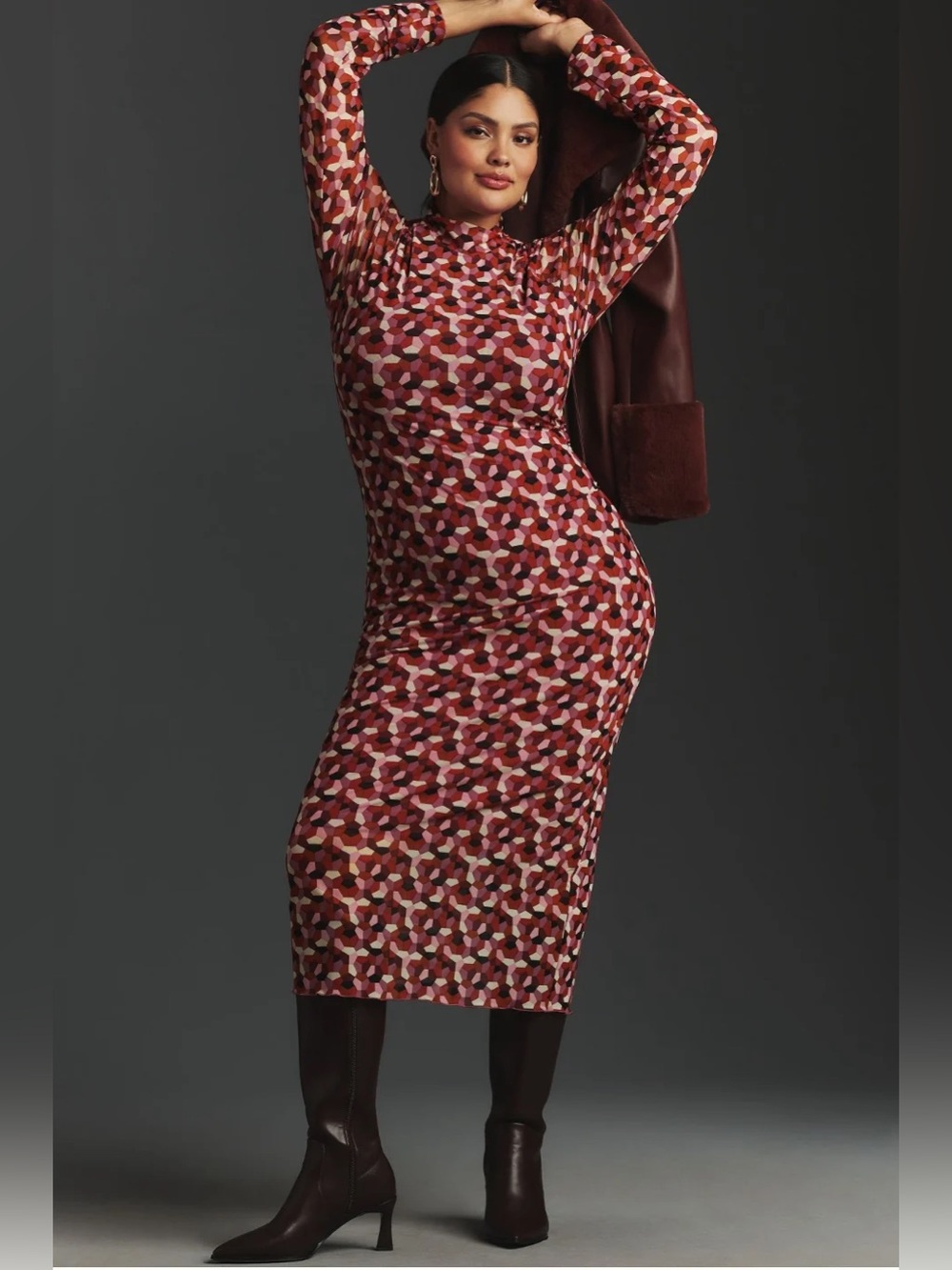 Anthropologie Long-Sleeve Mock-Neck
Printed Midi Dress , sz : XL petite